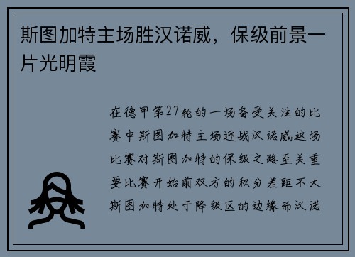 斯图加特主场胜汉诺威，保级前景一片光明霞